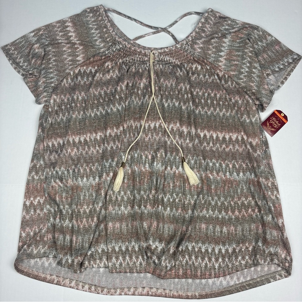 Faded Glory Women 4X Shirt Knit Boho Tassel Neutrals New with Tags Criss Cross